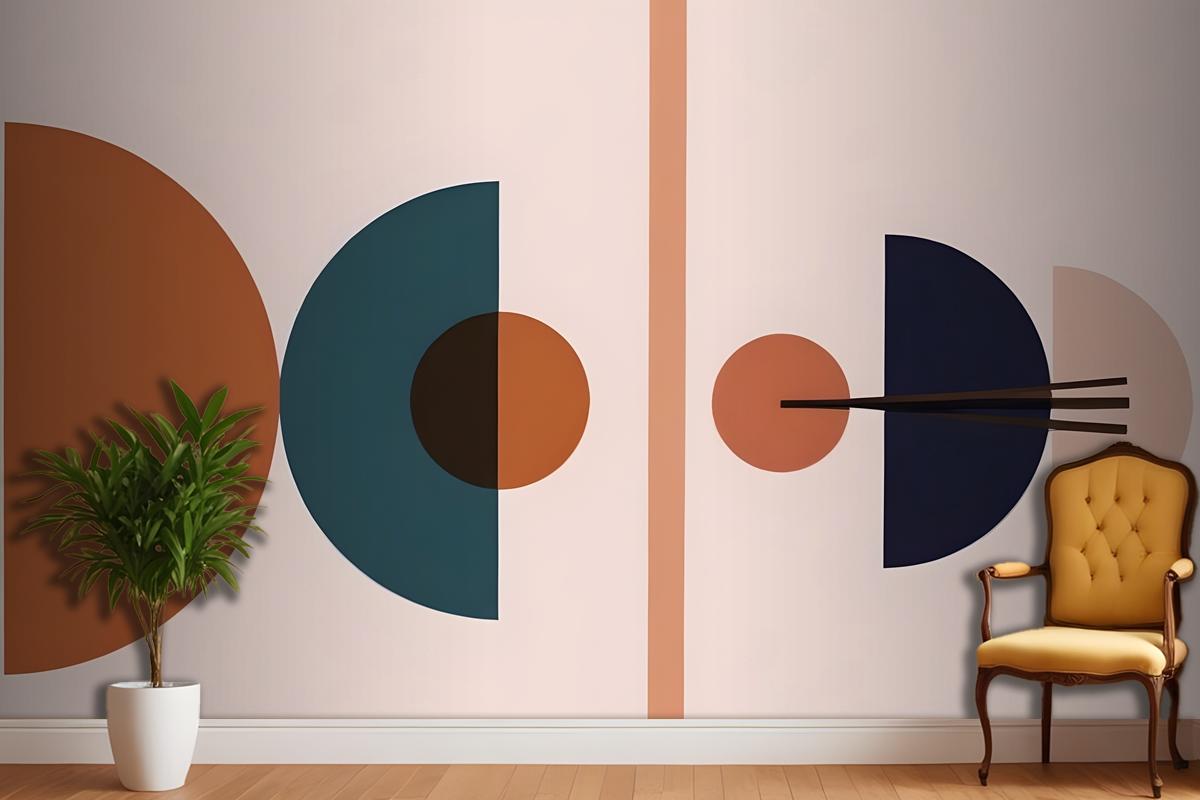 Abstract Geometric Shapes In Various Shades Of Blue Orange And Brown Against A Light Pink Wallpaper Mural