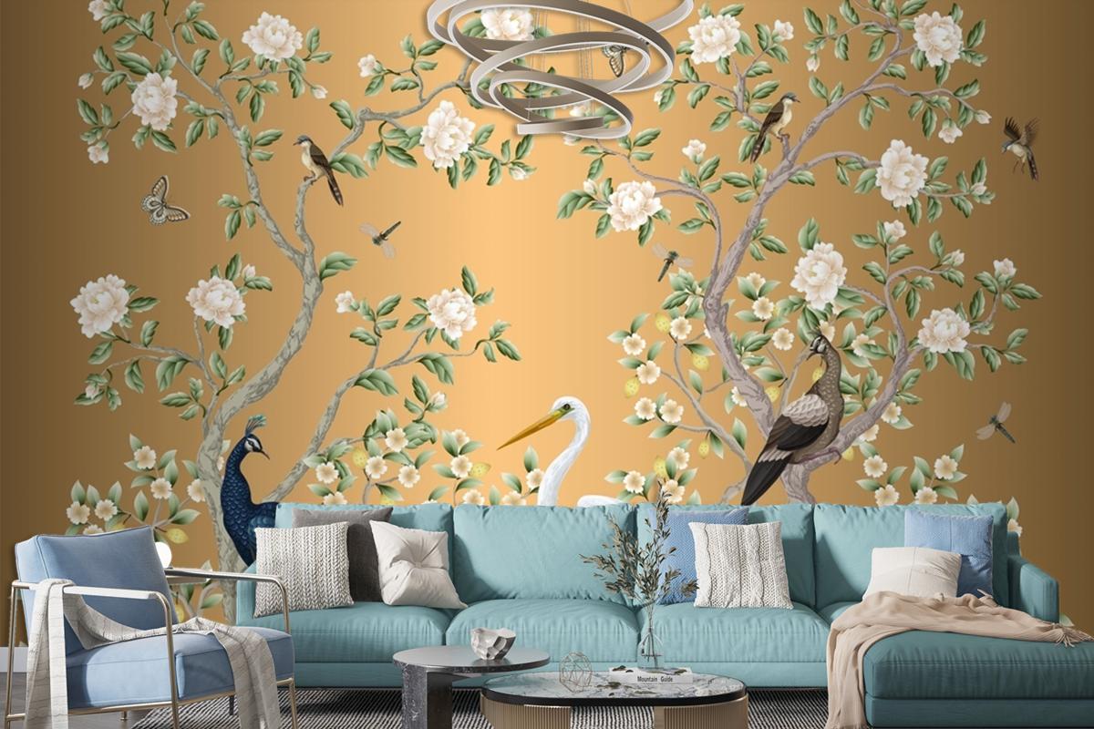 Chinoiserie Mural With Peacocks And Flowers Trees Wallpaper Mural