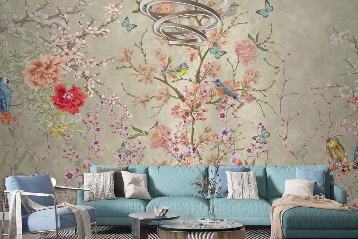 Whimsical Birds Blooms A Dance of Nature's Delicacy Wallpaper mural