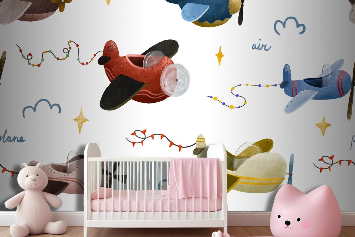 Aircraft And Clouds In Scandinavian Style Boy Wallpaper Mural