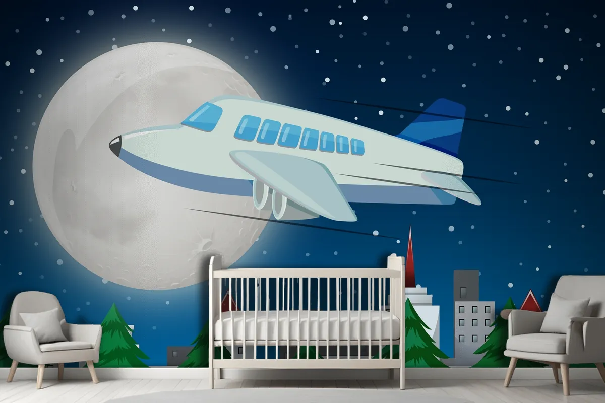 Airplane Flying Over Sky At Night Wallpaper Mural