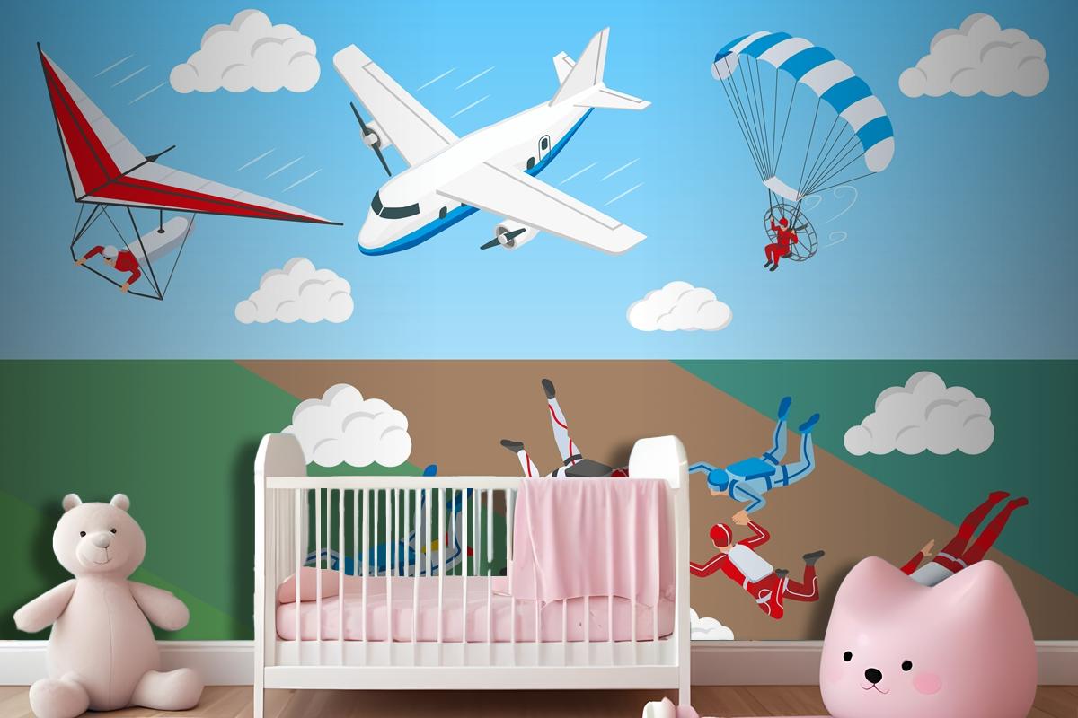 Airplane Hang Glider And Group Of People Skydiving In Sky Wallpaper Mural