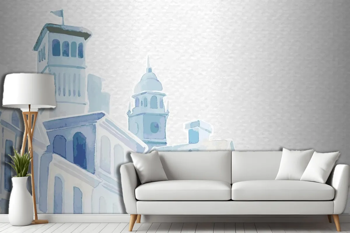 Architectural Mediterranean Buildings In Watercolor On White Paper Textured Living Room Wallpaper Mural