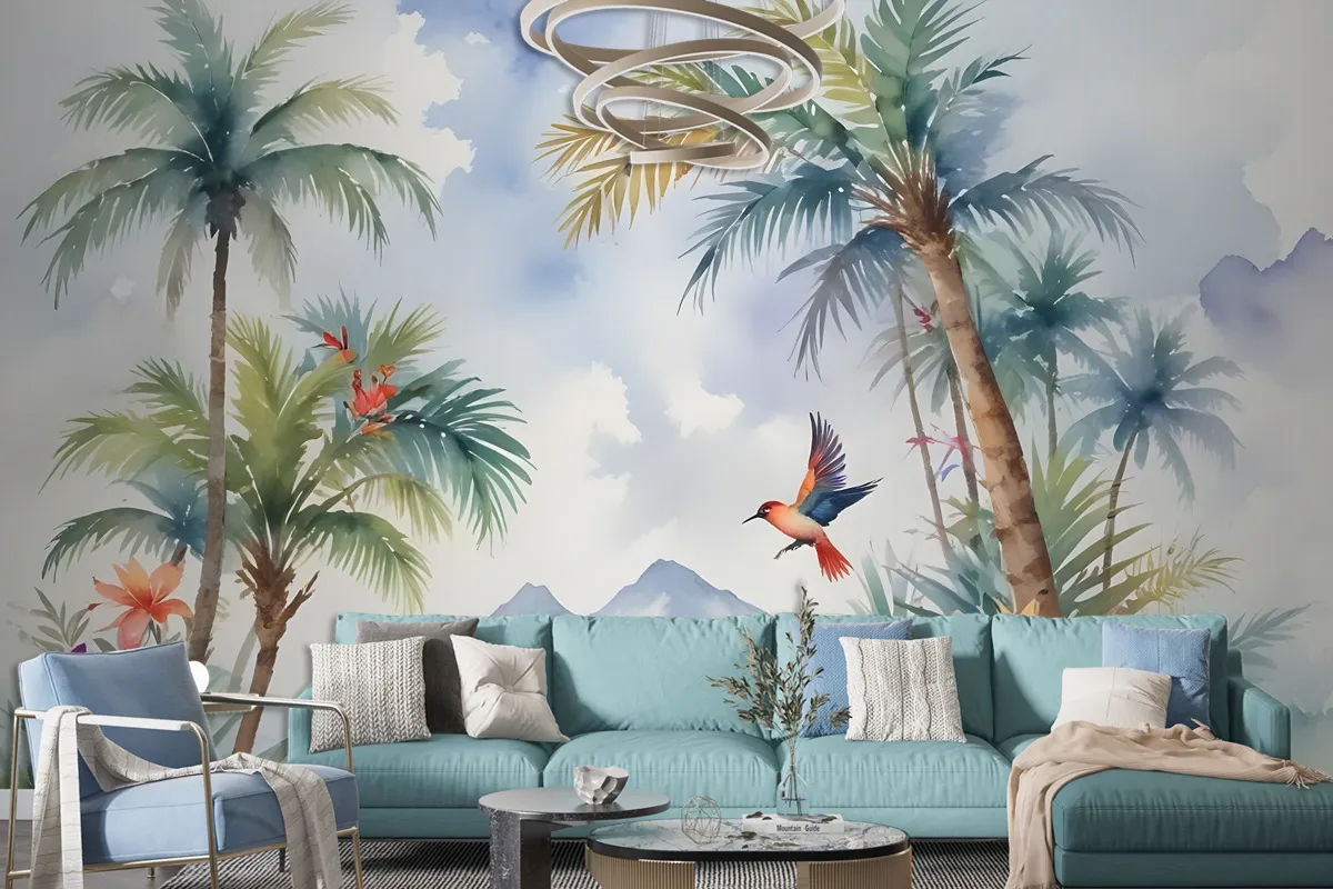 Art Painting Colorful Landscape With Birds Wallpaper Mural