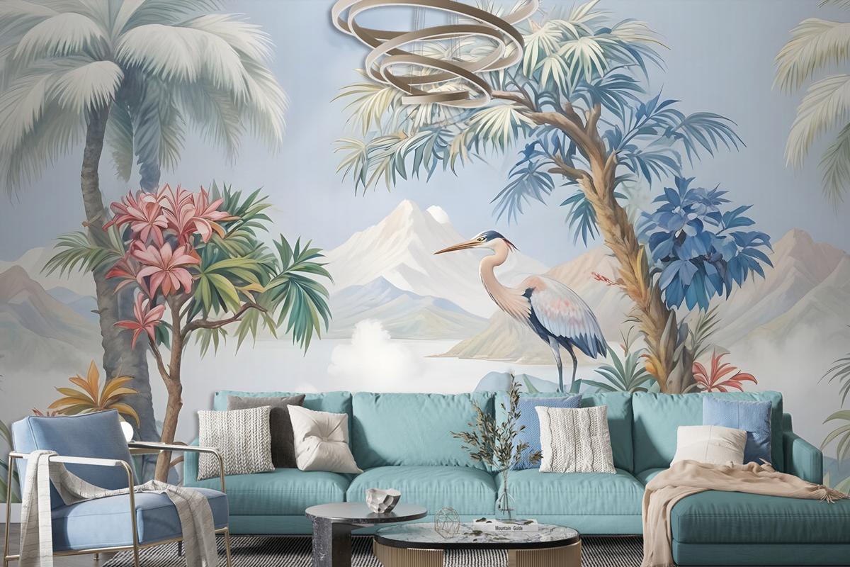 Art Painting Colorful Landscape With Heron Birds Wallpaper Mural