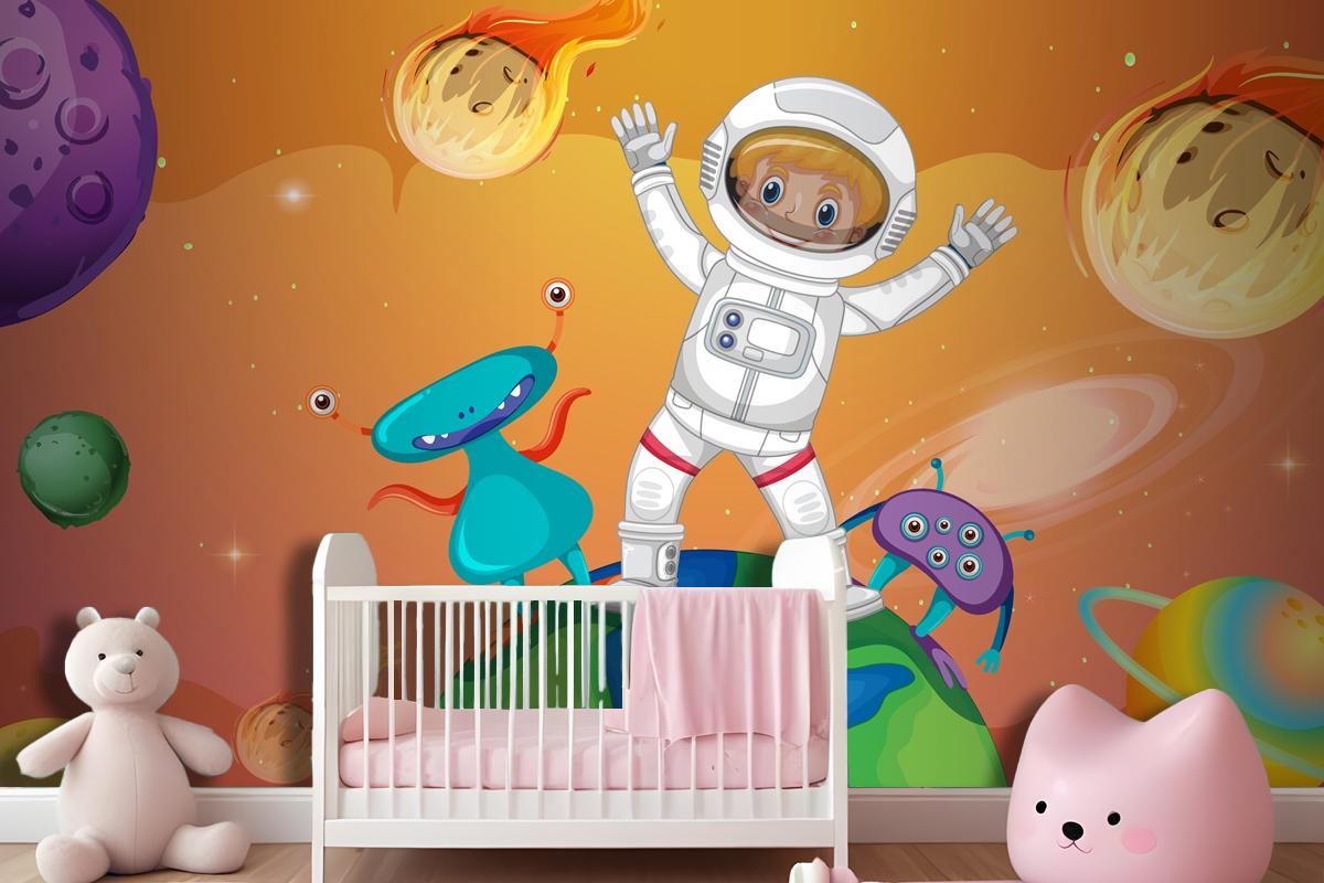 Astronaut Kid With Aliens Standing On The Earth In Space Scene Wallpaper Mural