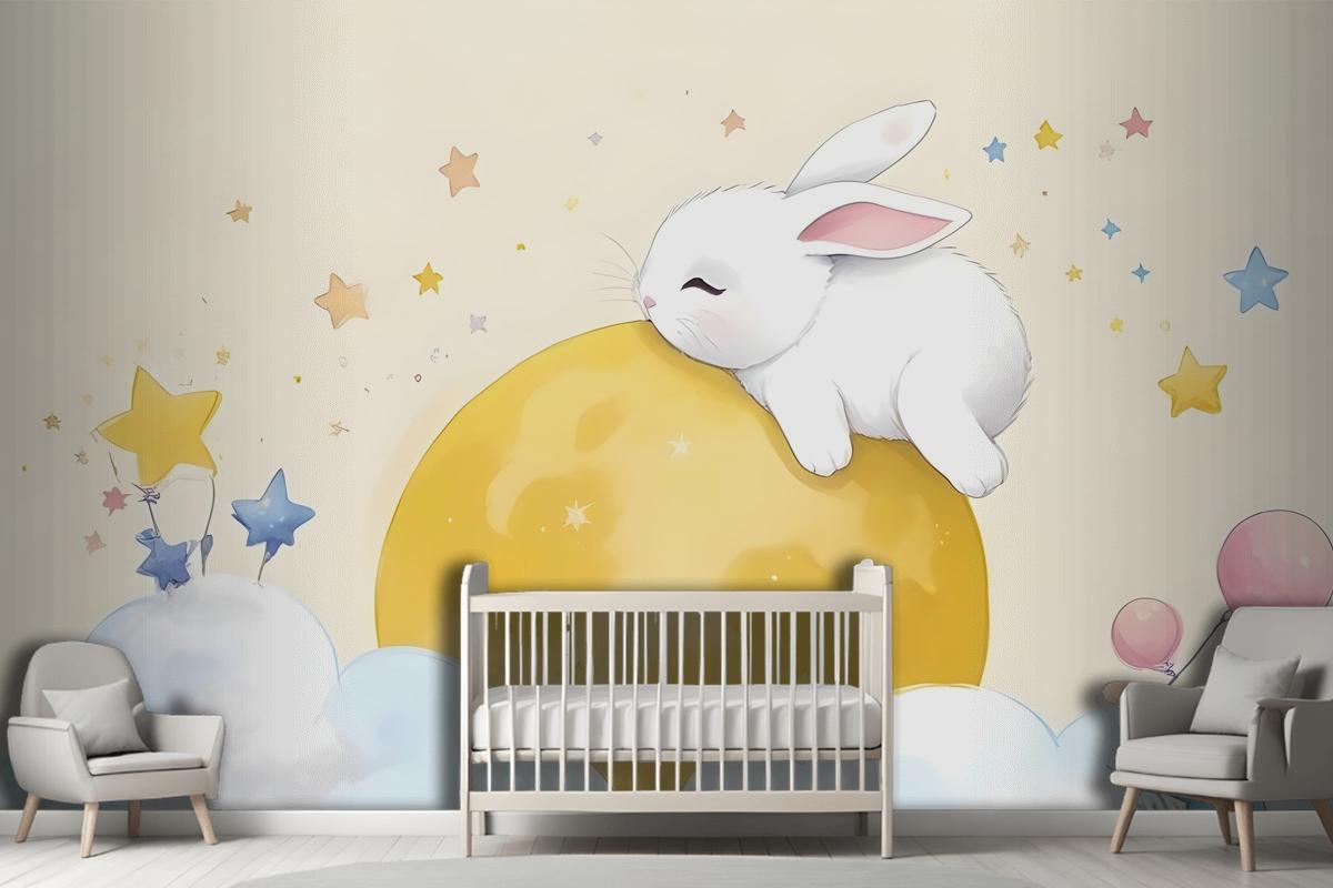 Baby Cartoon Rabbit And Yellow Moon Wallpaper Mural