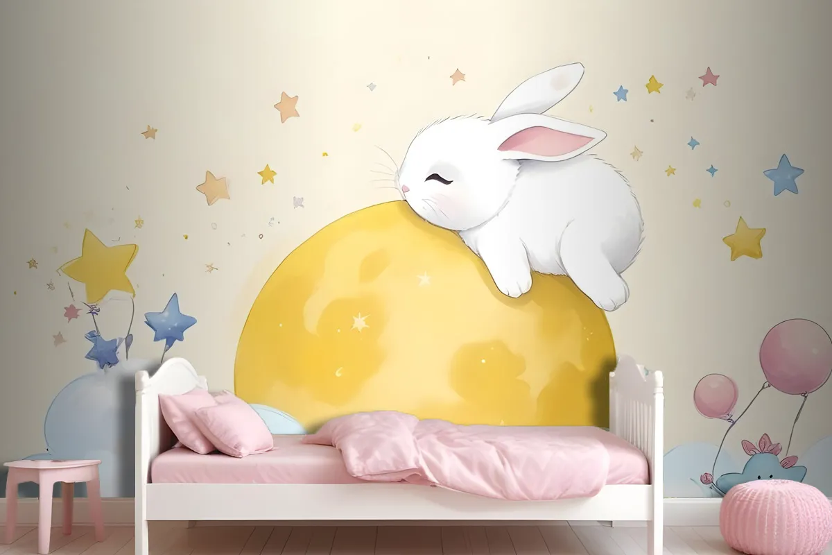 Baby Cartoon Rabbit And Yellow Moon Wallpaper Mural