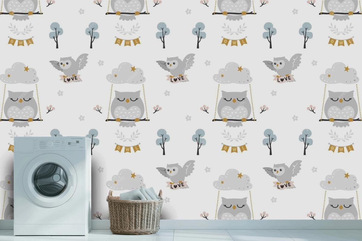 Baby Owl Pattern Wallpaper Mural