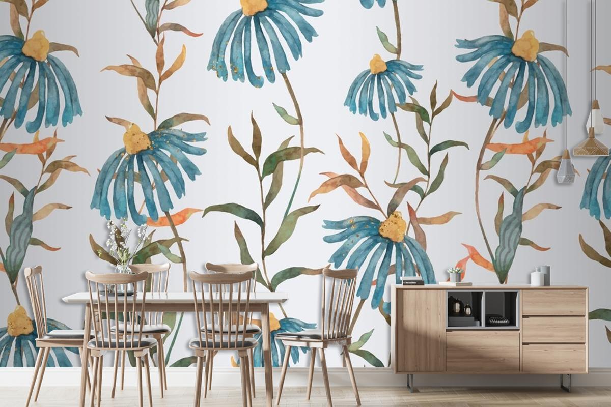 Background Of Floral Pattern With Blue Watercolor Flowers Wallpaper Mural