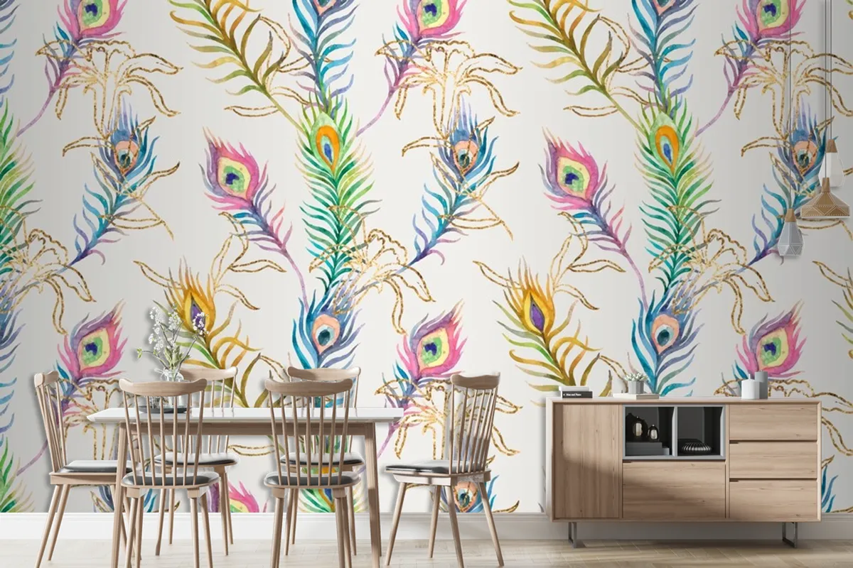 Background Of Peacock Feather Colorful Watercolor Pattern Wallpaper Mural