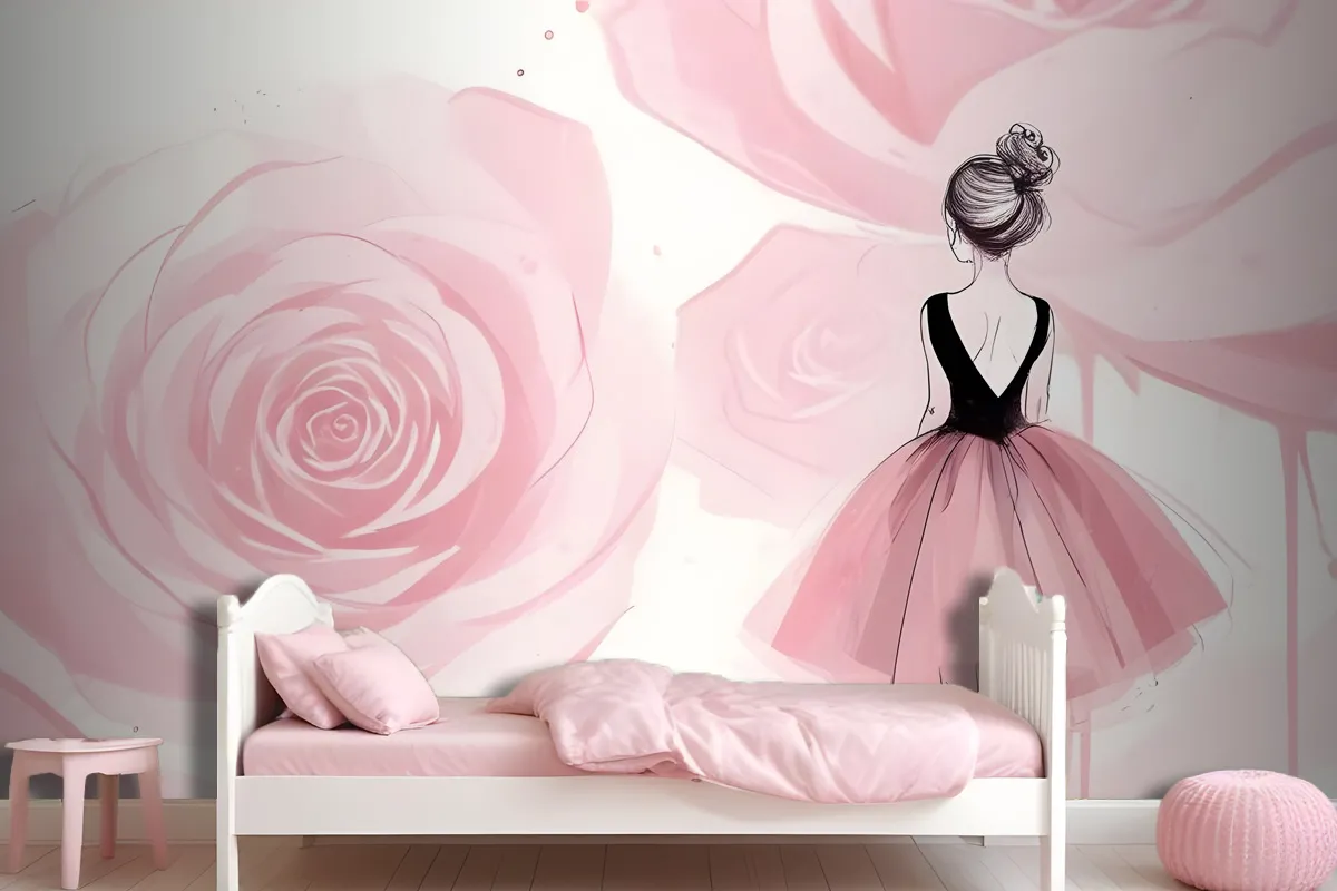 Ballerina Girl And Pink Roses Wallpaper Mural