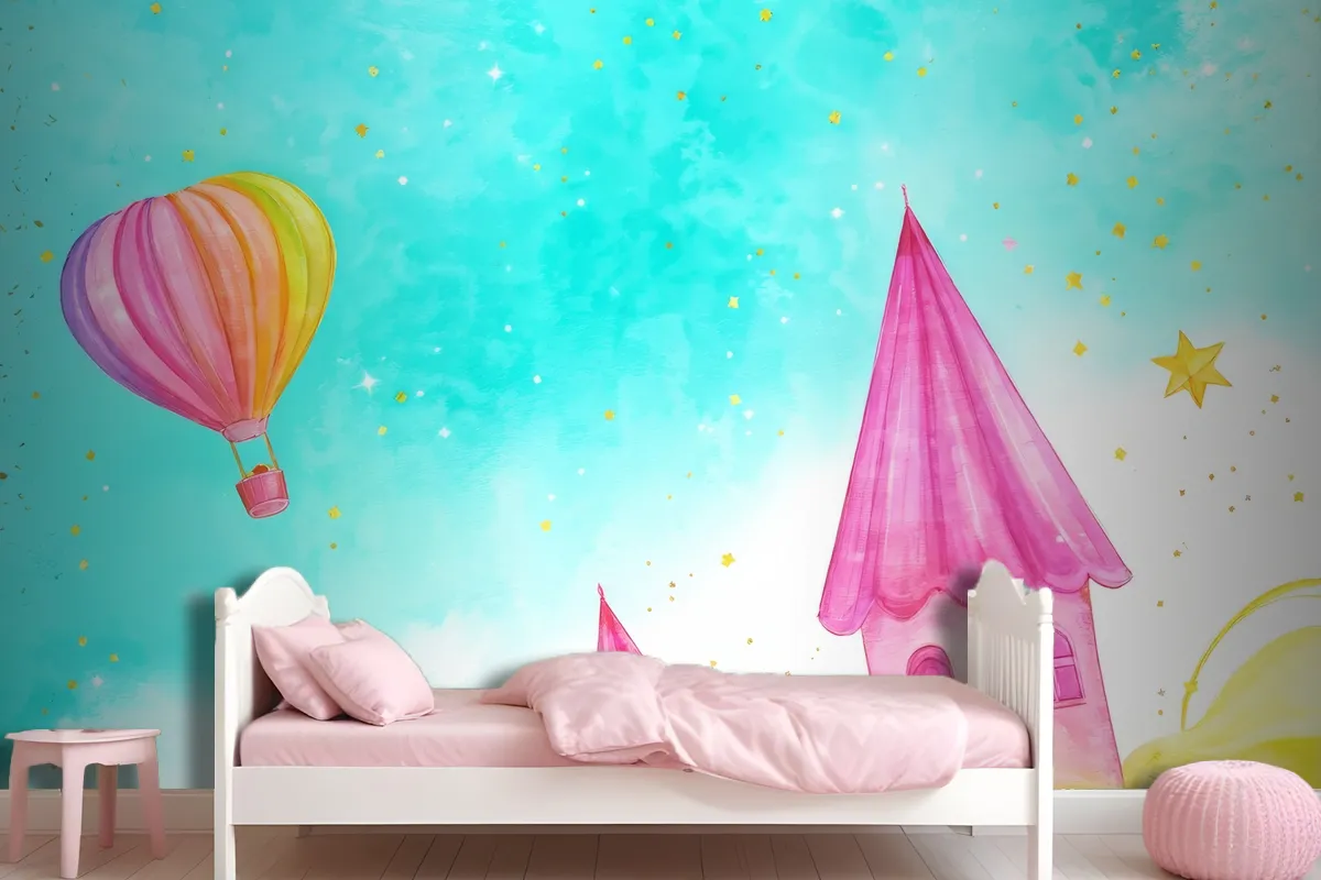 Balloon With A Flying Fairytale Watercolor Wallpaper Mural