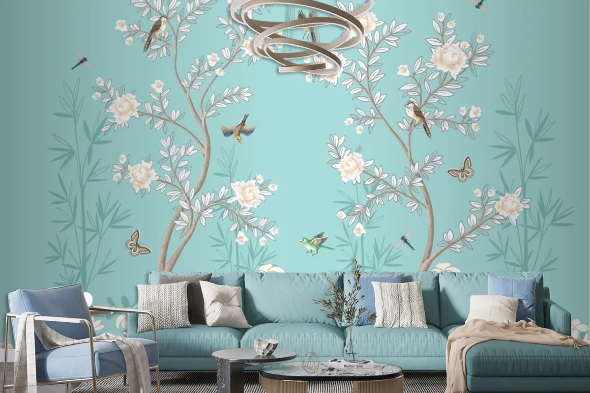 Chinoiserie Mural With Peonies And Birds Turquoise Wallpaper Mural