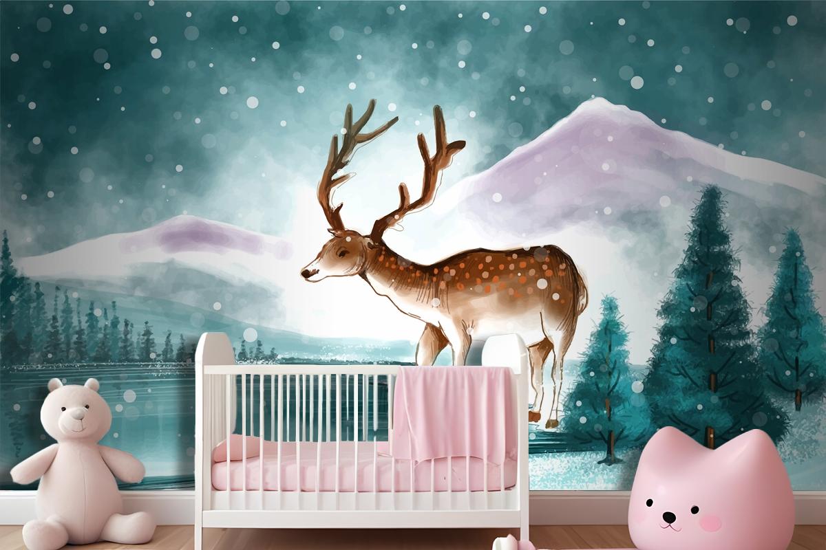 Beautiful Christmas Landscape In Winter With Christmas Deer Card Wallpaper Mural