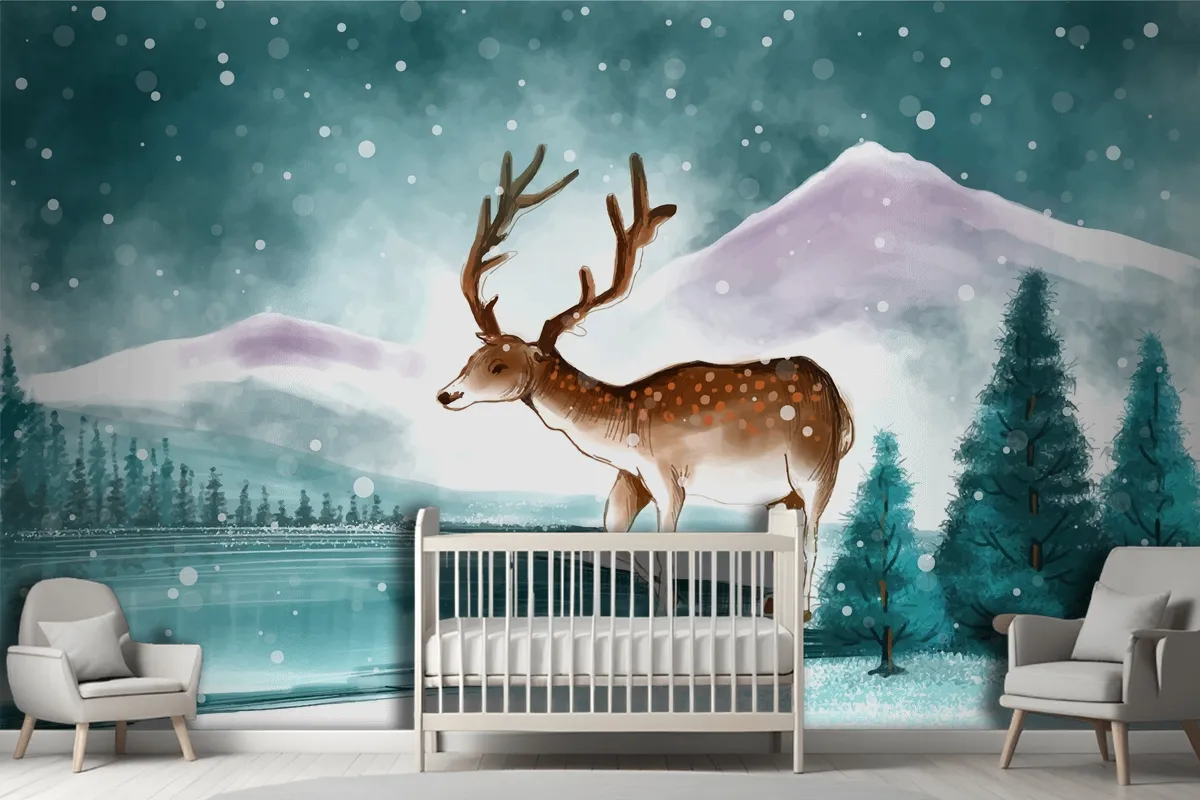 Beautiful Christmas Landscape In Winter With Christmas Deer Card Wallpaper Mural