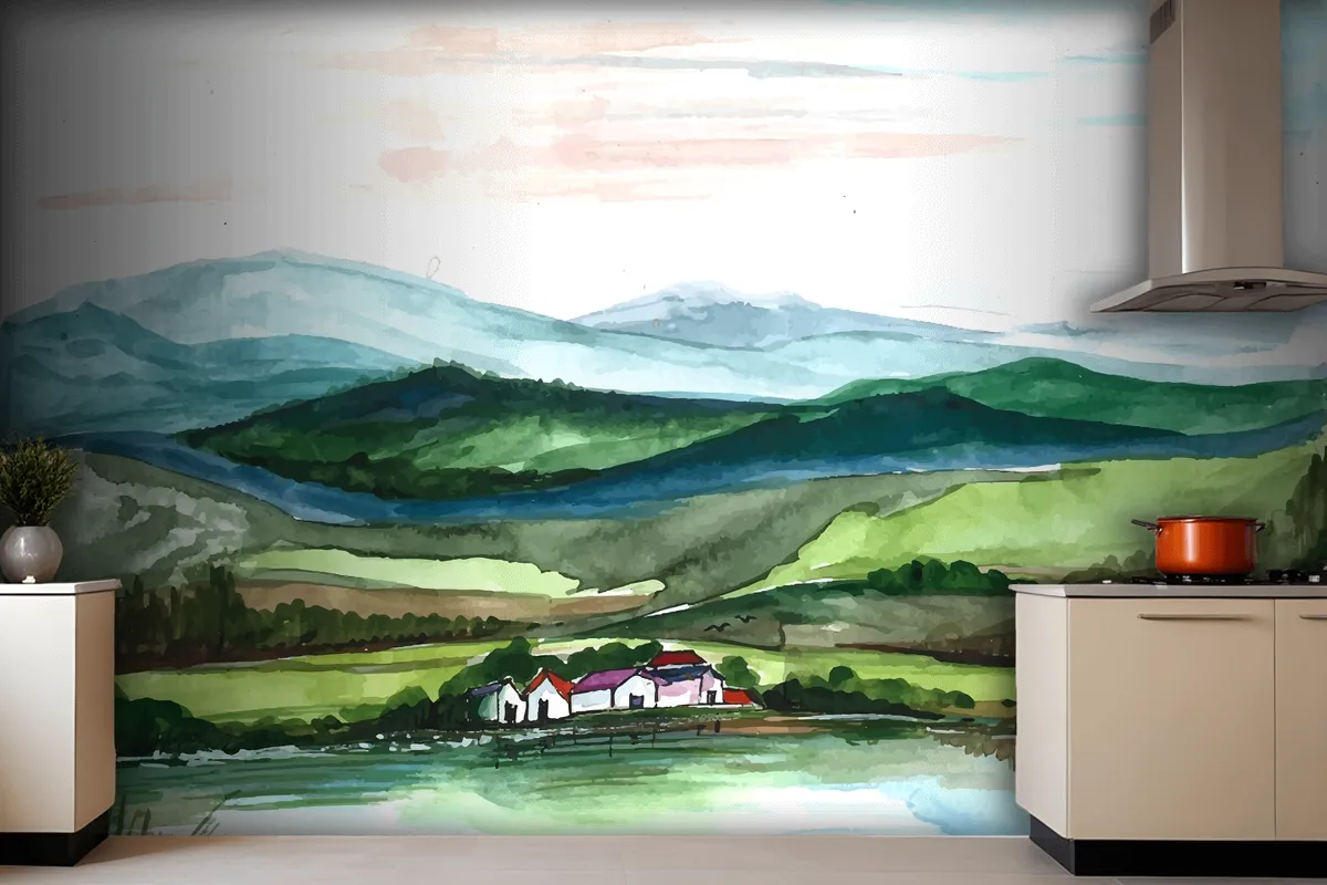 Beautiful Landscape Mountain Hand Draw Painting Wallpaper Mural