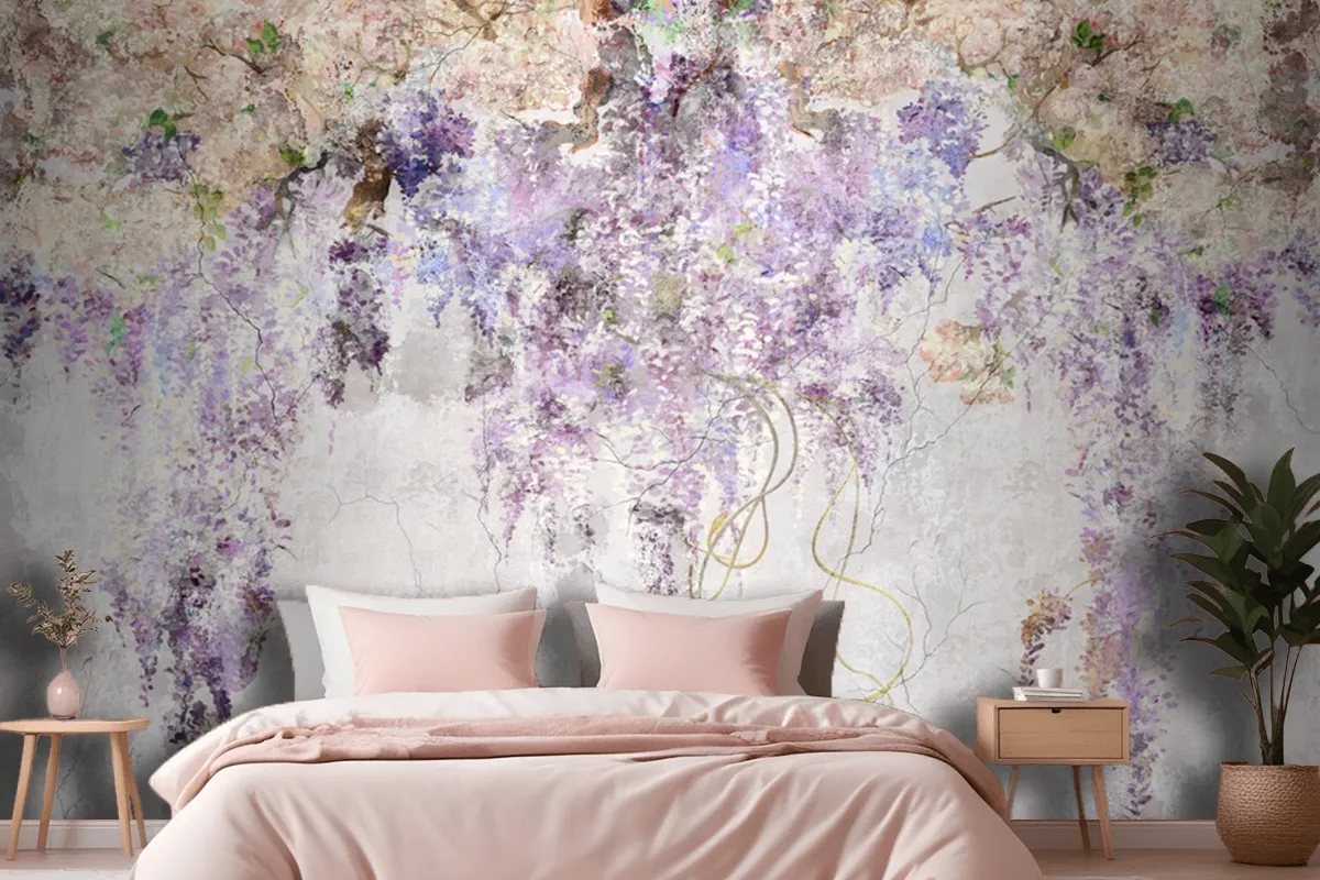 Beautiful Lilac Branches On The Concrete Grey Vintage Wallpaper Mural