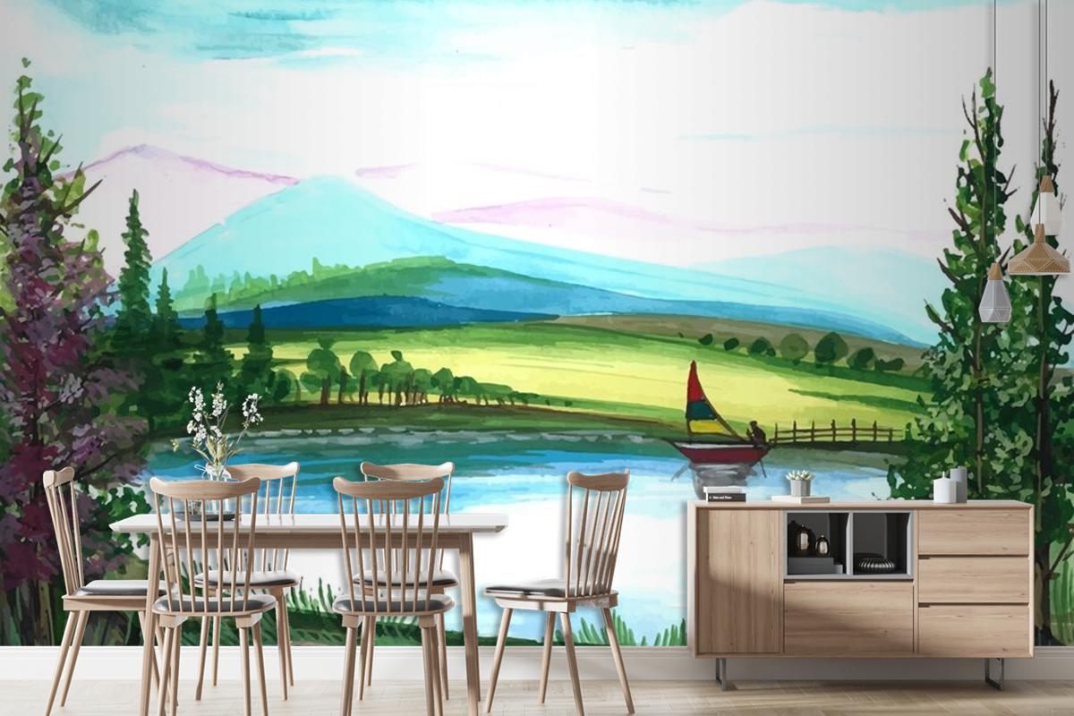 Beautiful Nature Landscape Hand Draw Watercolor Wallpaper Mural