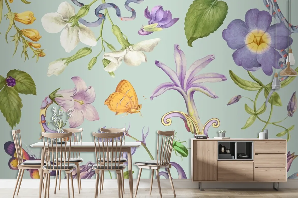 Beautiful Purple Floral Pattern On Green Wallpaper Mural