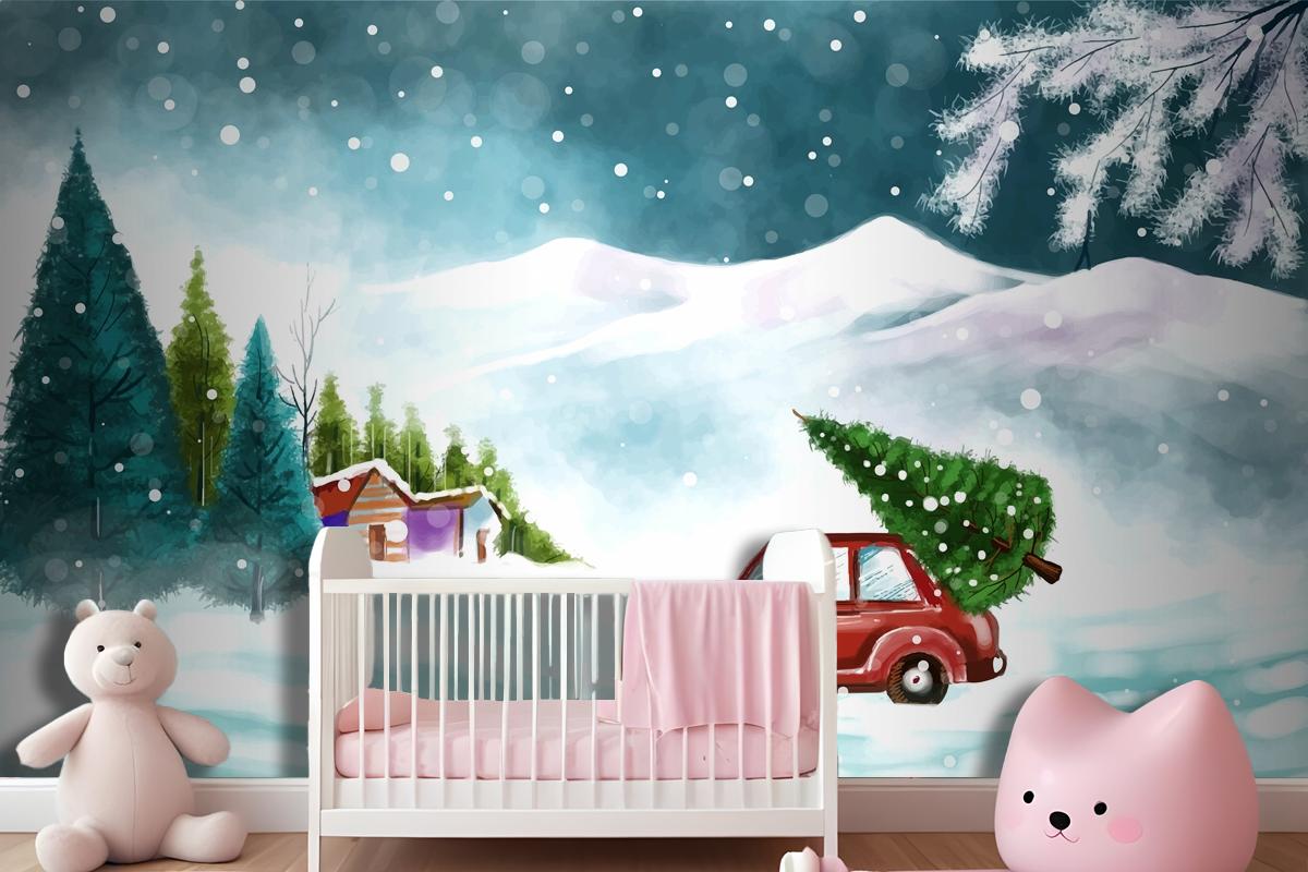 Beautiful Winter Landscape With Car In Snowy Christmas Tree Wallpaper Mural