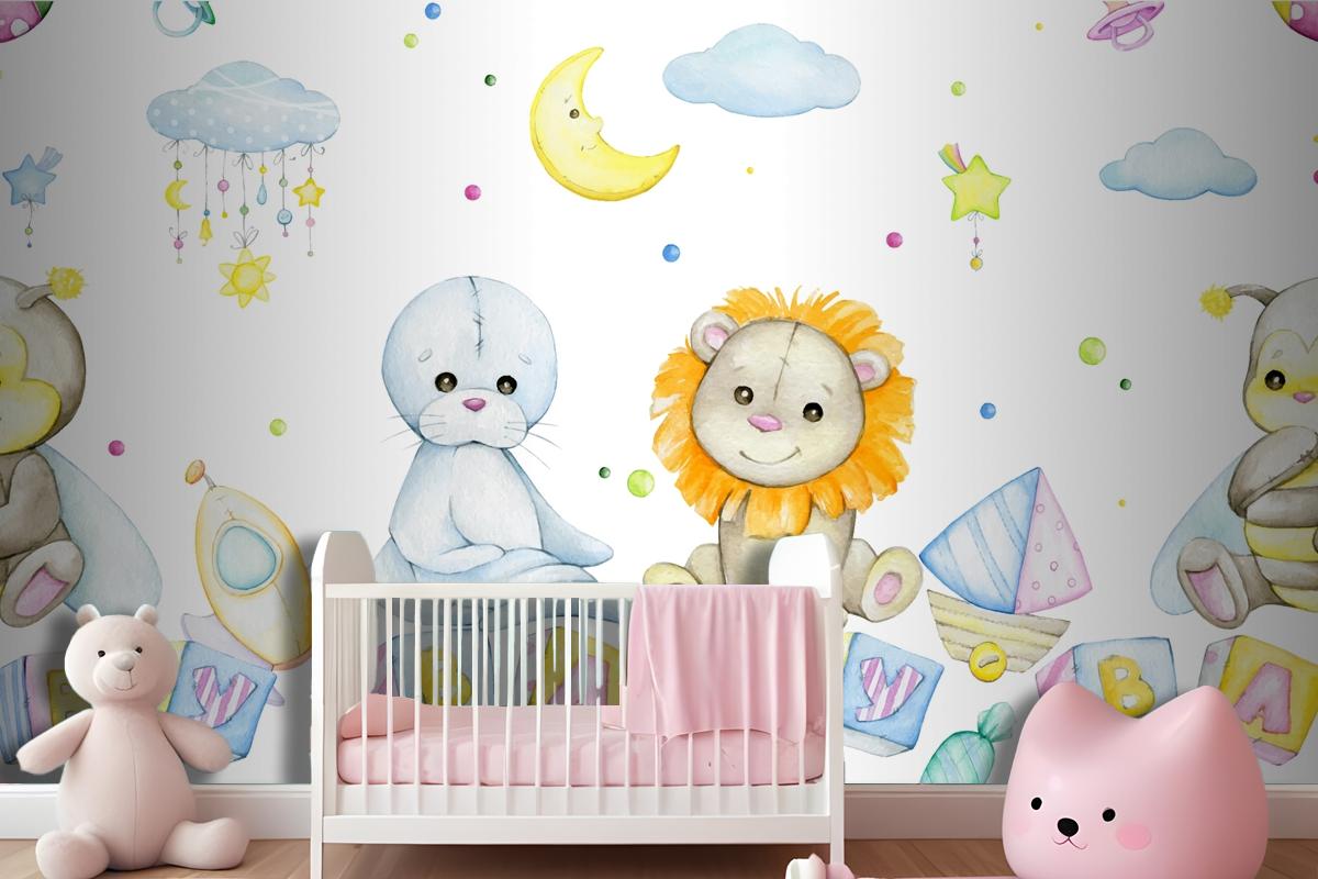 Bee Lion Seal Cubes With Letters Moon Stars Clouds Wallpaper Mural