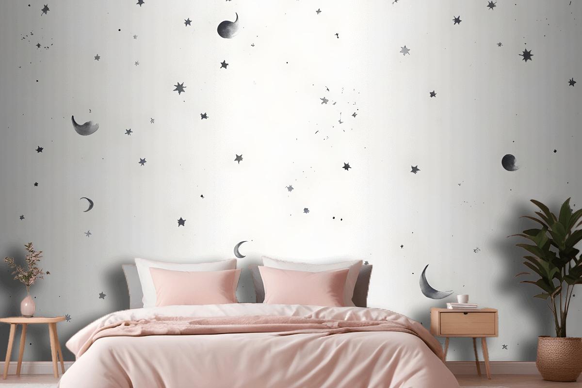 Black & White Moon & Stars Wallpaper Mural