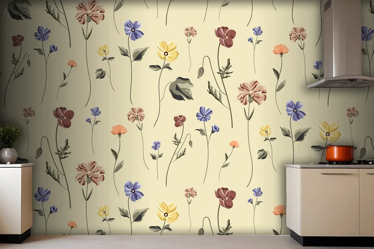 Blooming Flower Seamless Pattern On A Beige Wallpaper Mural