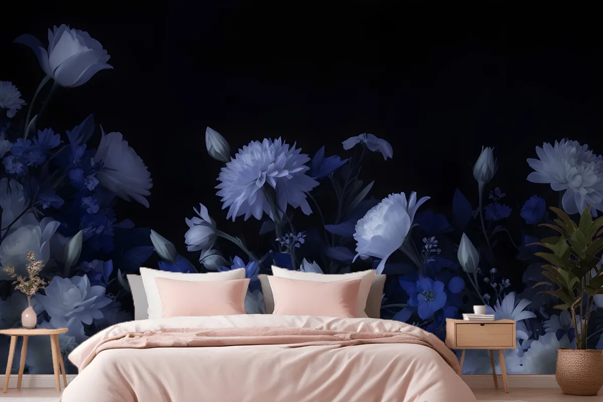 Blue Delft Dark Floral Art Painting Wallpaper Mural