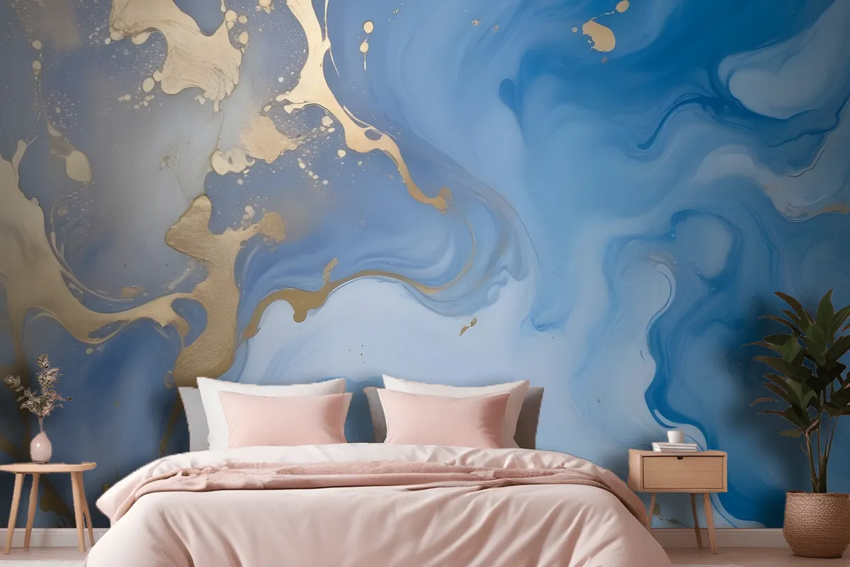 Blue Gold Look Marble With Splash Wallpaper Mural