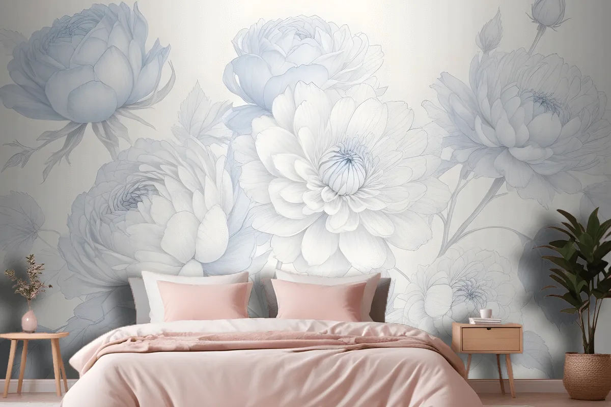 Blue Large Illustrated Roses Wallpaper Mural