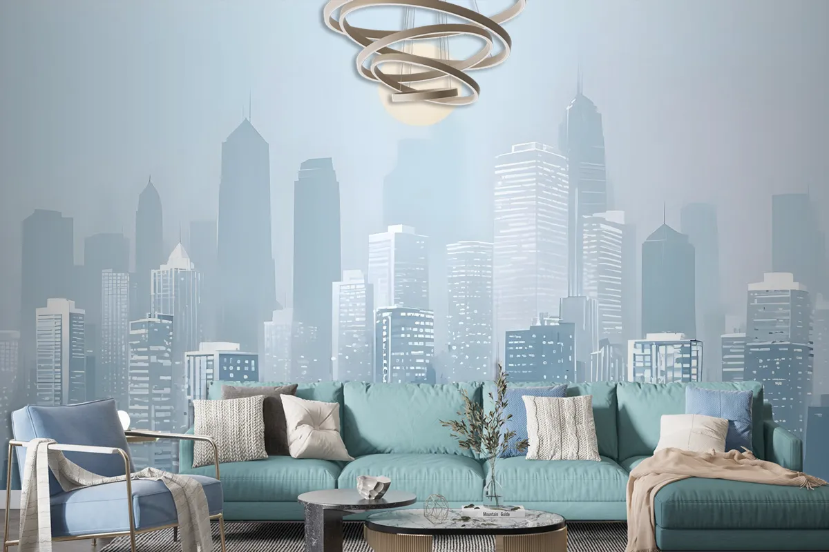 Blue Monochrome Cityscape And Soft Sun Wallpaper Mural