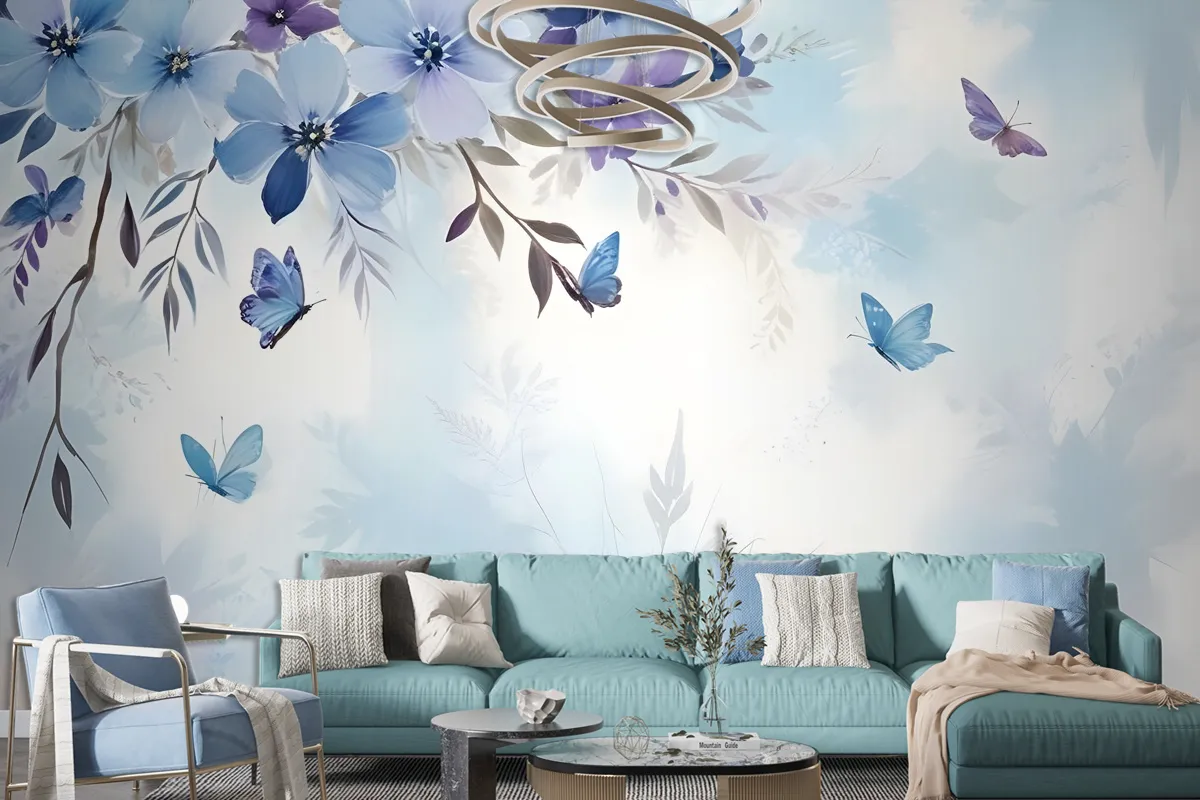 Blue Purple Floral With Little Butterfly Wallpaper Mural