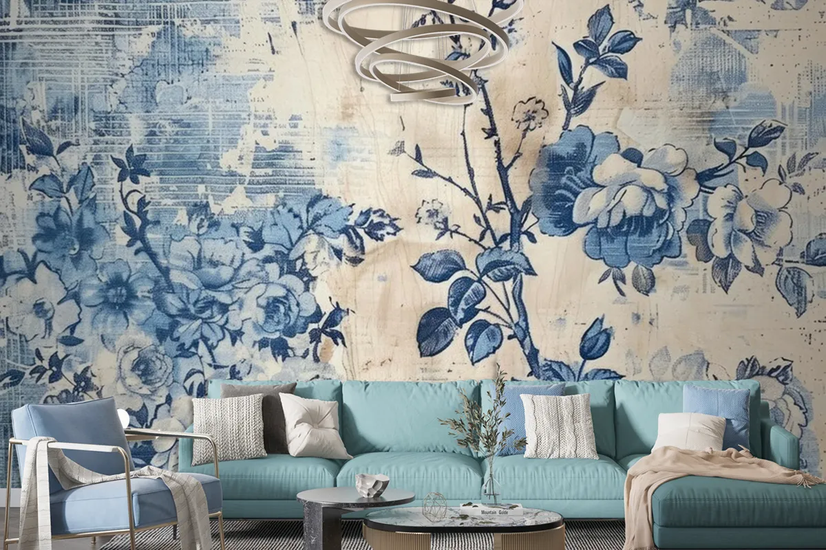 A Blue And White Floral Print Is On A Blue And White Wallpaper Mural