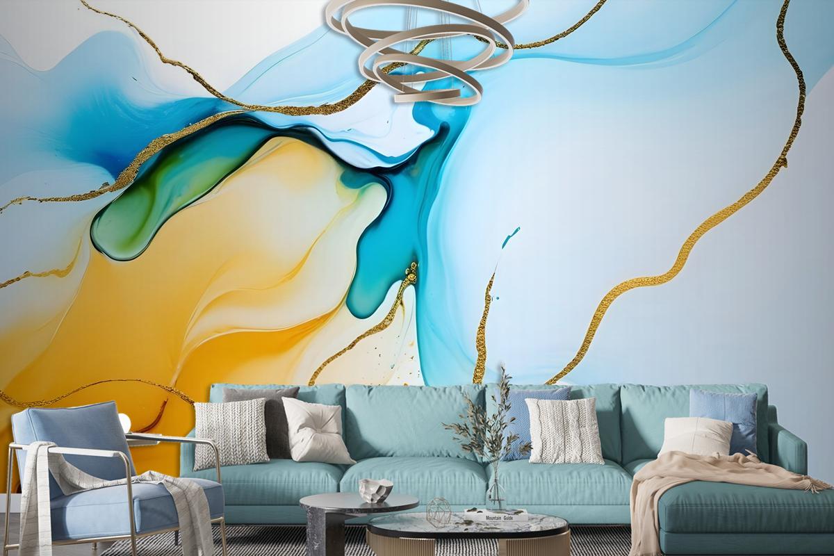 Blue Yellow Watercolor Brush With Modern Lines Wallpaper Mural