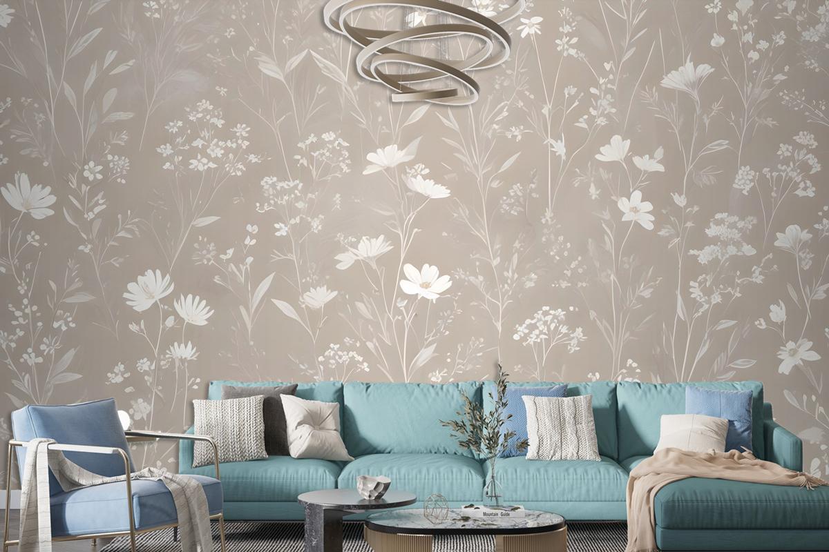 Bohemian Style Neutral Color Wild Flowers Art Wallpaper Mural