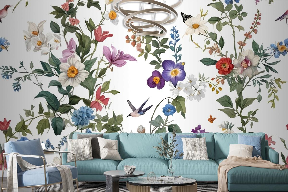 Botanical Flowers Floral With Birds Wallpaper Mural