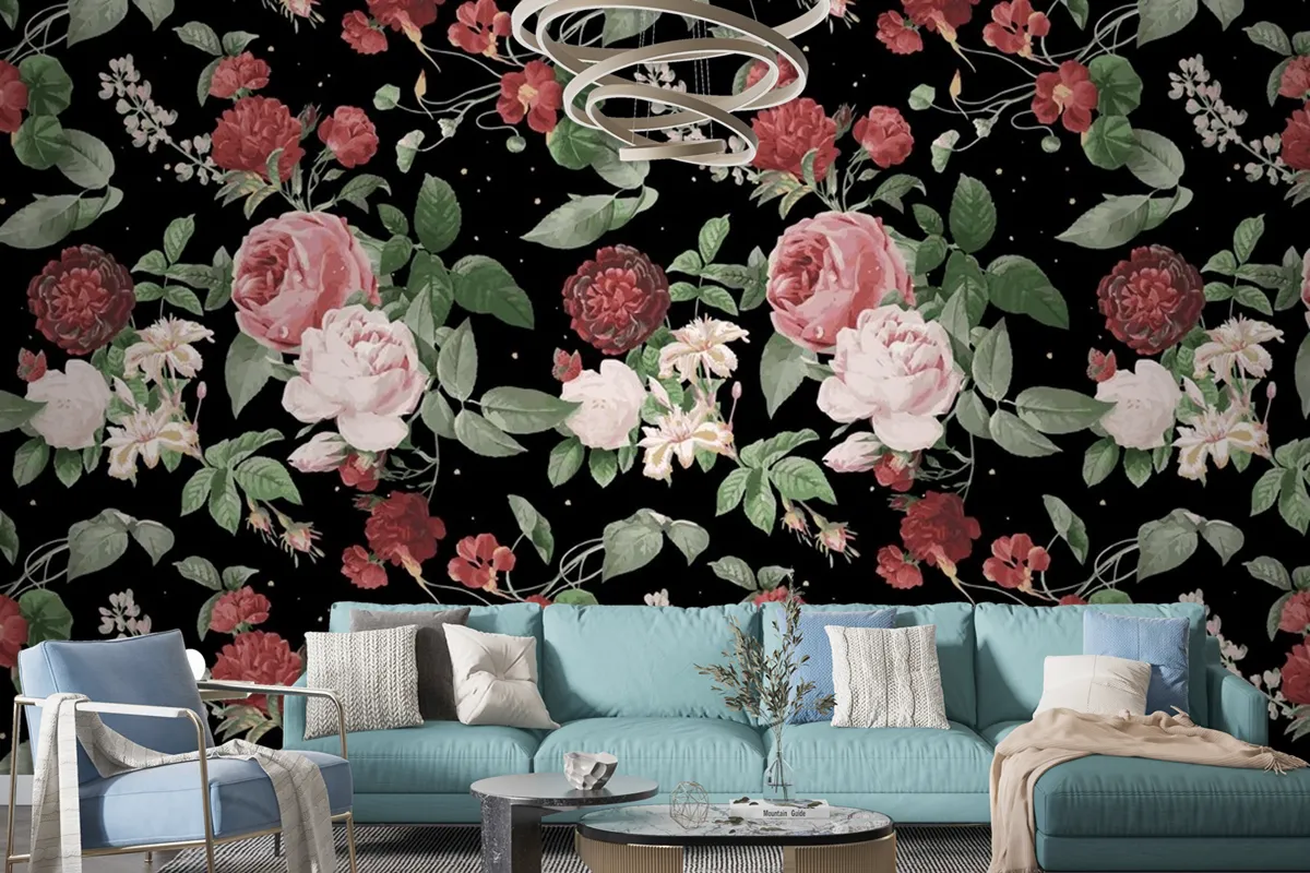 Botanical Valentine's roses pattern watercolor wallpaper mural