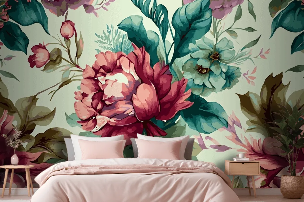 Botanical Watercolor Hand Drawn Flowers Wallpaper Mural