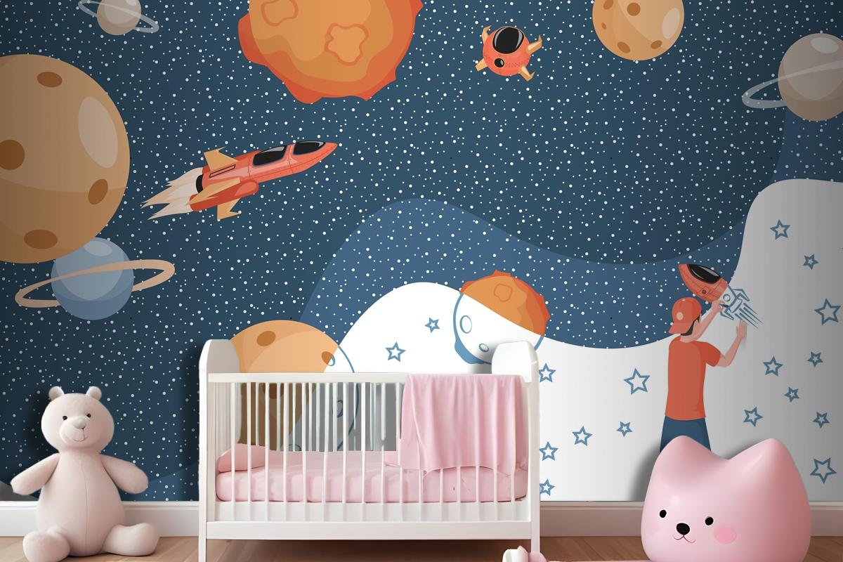 Boy Drawing Cosmos Planets Spaceships And Stars Wallpaper Mural