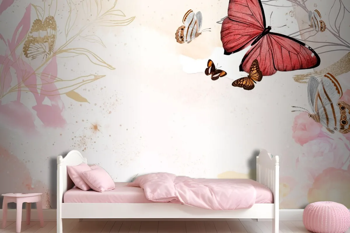 Butterfly Background Aesthetic Border With Flowers Wallpaper Mural