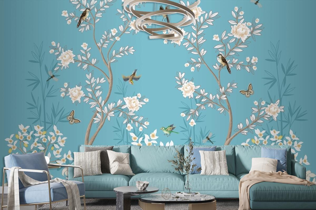 Chinoiserie Mural With Peonies And Birds Wallpaper Mural