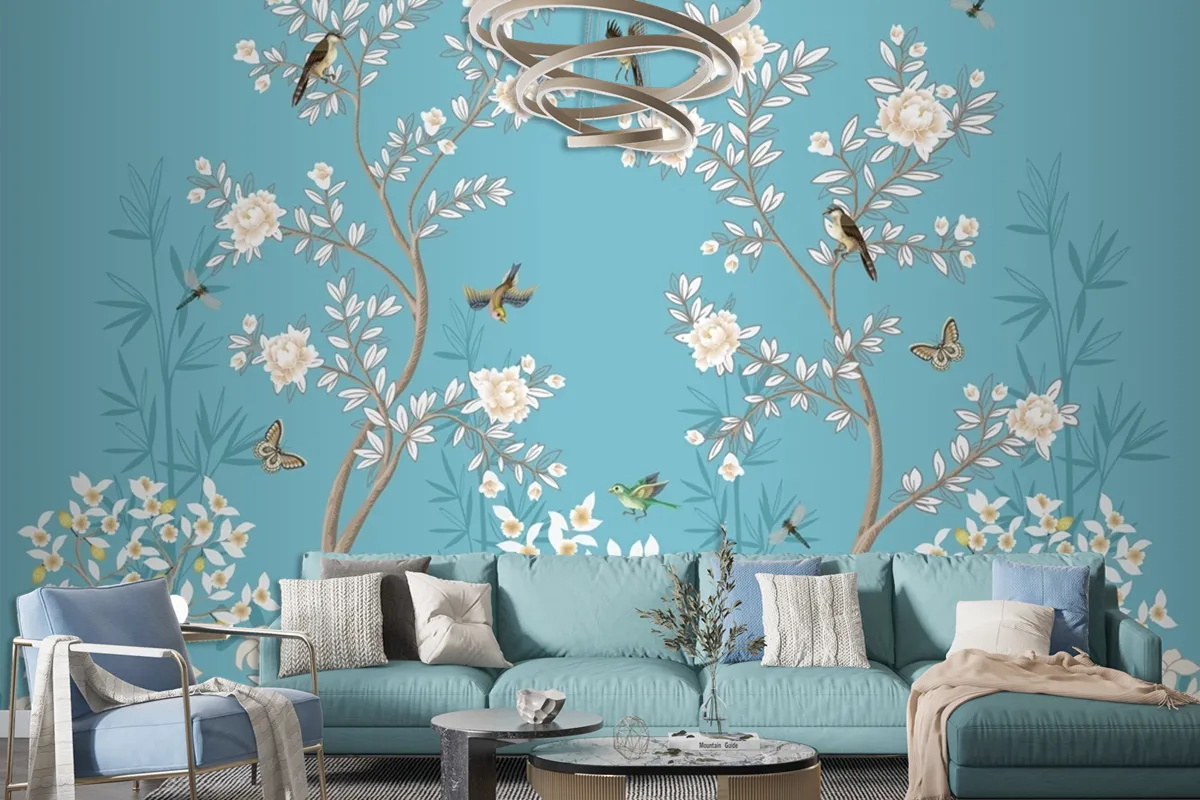 Chinoiserie Mural With Peonies And Birds Wallpaper Mural