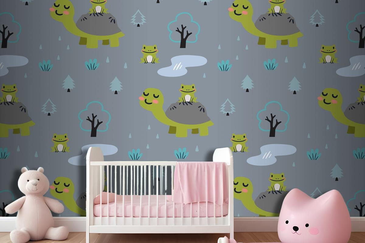 Cartoon Animals Pattern With Cute Mom Turtle And Frogs Wallpaper Mural