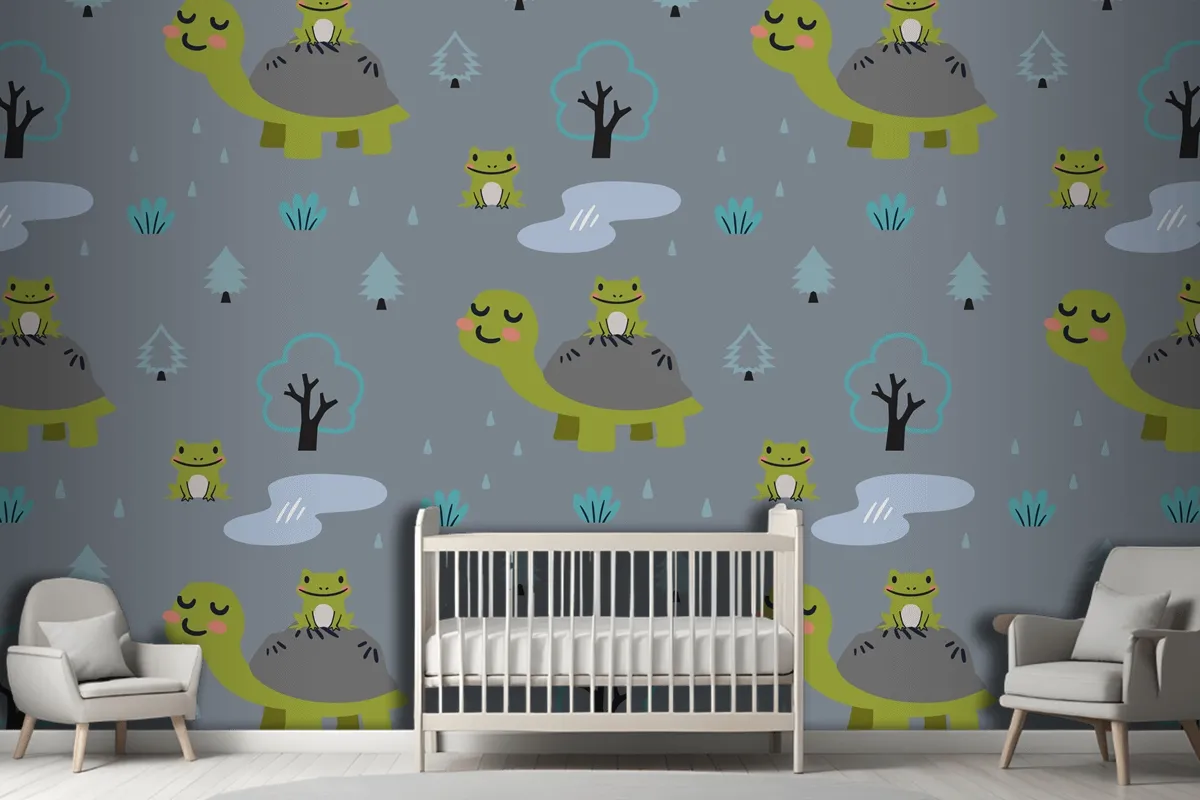 Cartoon Animals Pattern With Cute Mom Turtle And Frogs Wallpaper Mural