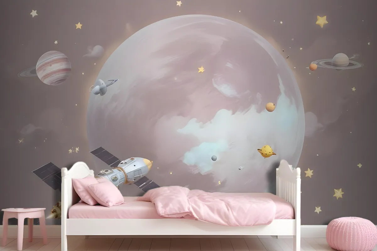 Cartoon Planets And Starry Space Wallpaper Mural