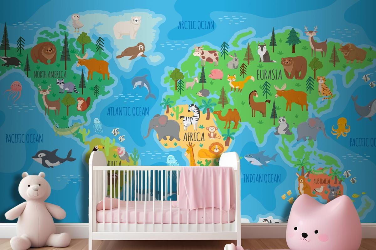 Cartoon World Map For Kids Nursery With Forest Animals Wallpaper Mural