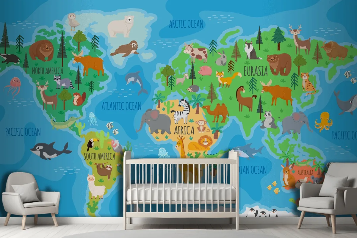 Cartoon World Map For Kids Nursery With Forest Animals Wallpaper Mural