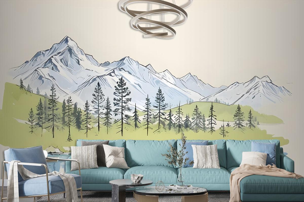 Charcoal Mountain Landscape With Lake And Pine Trees Wallpaper Mural