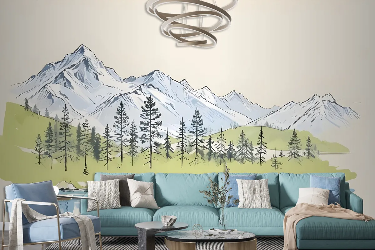 Charcoal Mountain Landscape With Lake And Pine Trees Wallpaper Mural